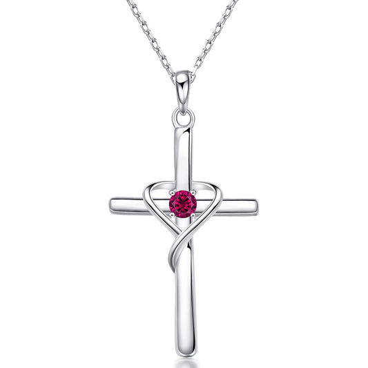 AmorAime 925 Sterling Silver Cross Necklace for Women Men 14K Gold Plated 5A CZ Birthstone Necklaces for Holiday (G.Dark Red-July-Ruby)