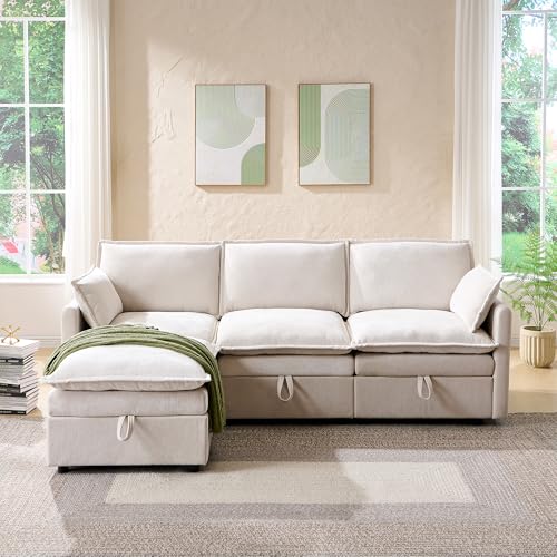 85.83" Sectional Couches for Living Room, Cloud Couch Sectional with Large Storage Ottoman, L-Shape Modular Sectional Sofa with 5 Seater Chenille Sofa and Pillow for Apartment, Bedroom, Beige