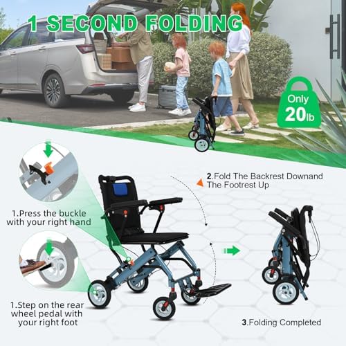 Ultra Lightweight Wheelchairs for Adults 20lbs - Foldable Transport Chair with 8" Honeycomb Tires & Detachable Cushion, 220lbs Capacity - Elderly Wheelchair for Travel, Hospital, Home Use (Blue)