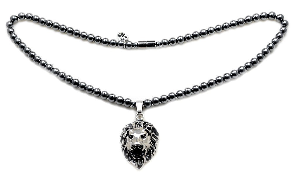 Accents Kingdom Men's Hematite Therapy & Healing Stone Round Bead Necklace With Stainless Steel Lion Head Pendant 20"