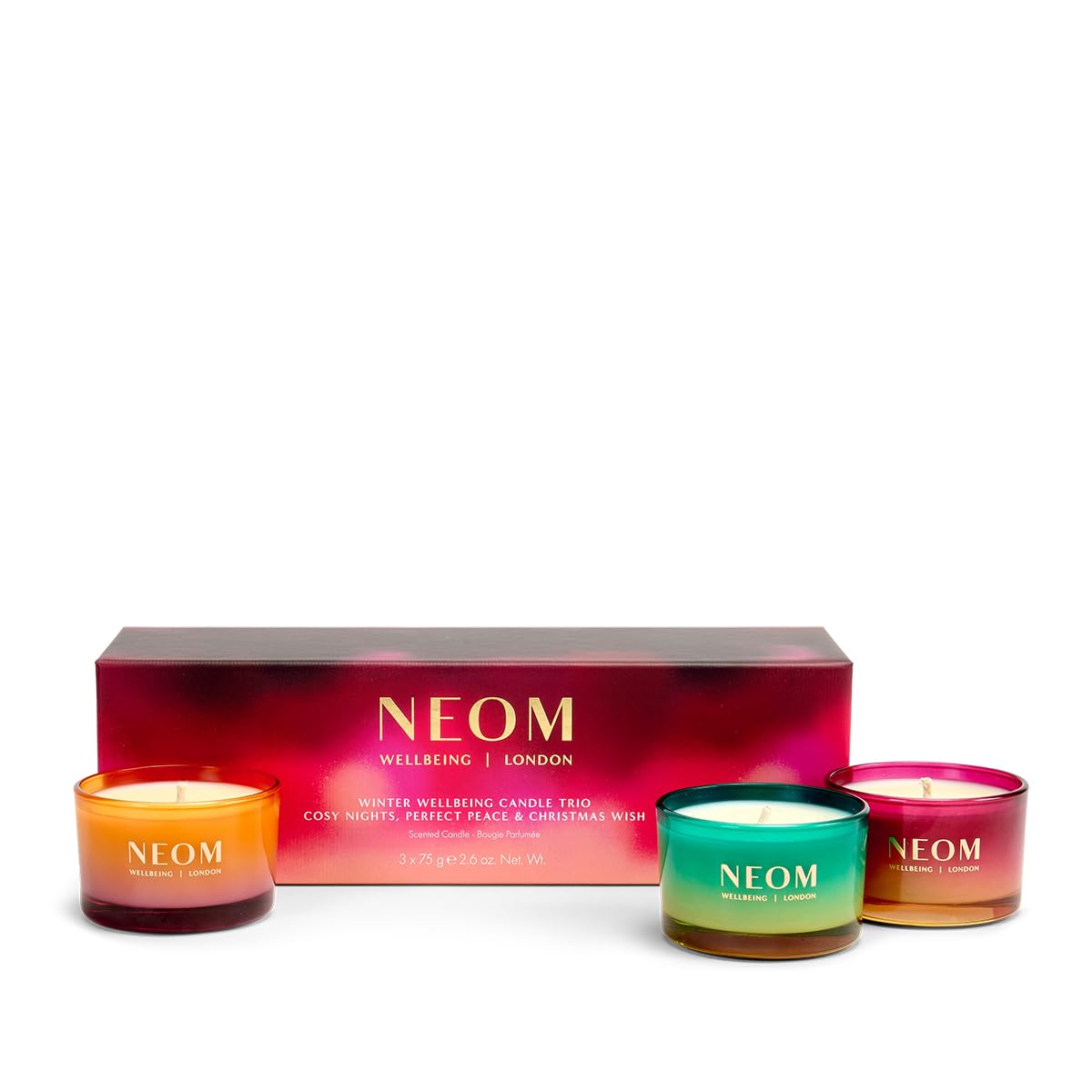 NEOM- Winter Wellbeing Candle Trio Gift Set I 3 x 75gram Candles I 100% Natural Fragrance I Cosy Nights, Christmas Wish & Perfect Peace Candles