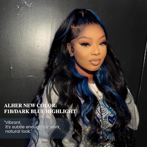 ALHER #1B/BlueBody Wave 13x4 Lace Frontal Human Hair, Black Mix Blue HD Transparent Lace Frontal Closure Ear to Ear 100% Virgin Remy Human Hair for Black Women 150% Density 18 Inch