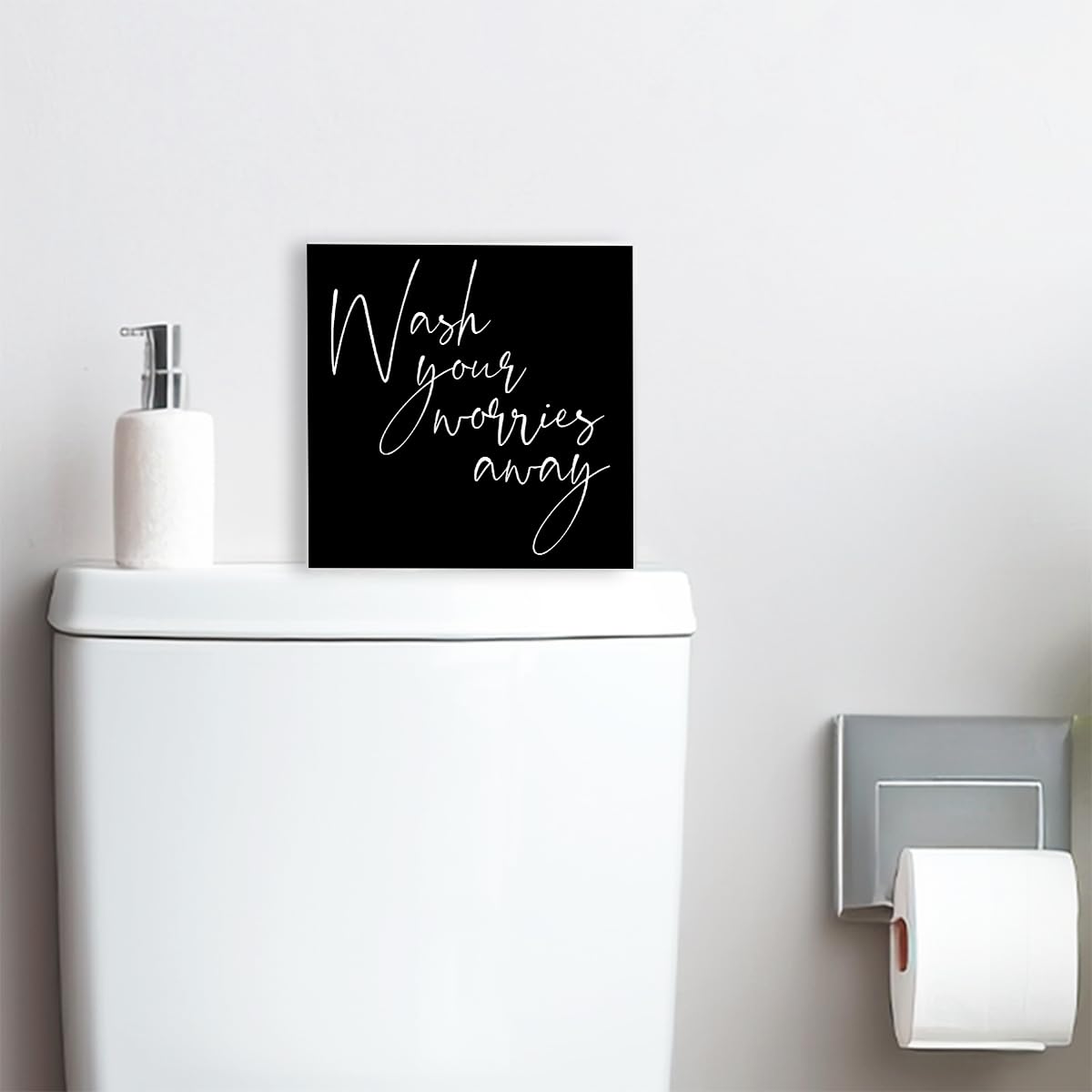 SJNH Wash Your Worries Away Sign Wood Block,Funny Black Bathroom Wooden Box Sign for Bathroom Shelf Washroom Toilet Restroom Shelves Decor 5" L x 5" W x 1.1" H