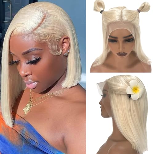 Ubetta White Blonde Lace Front Bob Wig Human Hair, Platinum Blonde 13x6 Lace Front Wigs Human Hair Pre Plucked White Blond Bob Wigs for Women 14 Inch 180% Density Bleachd Knots Swiss HD Lace