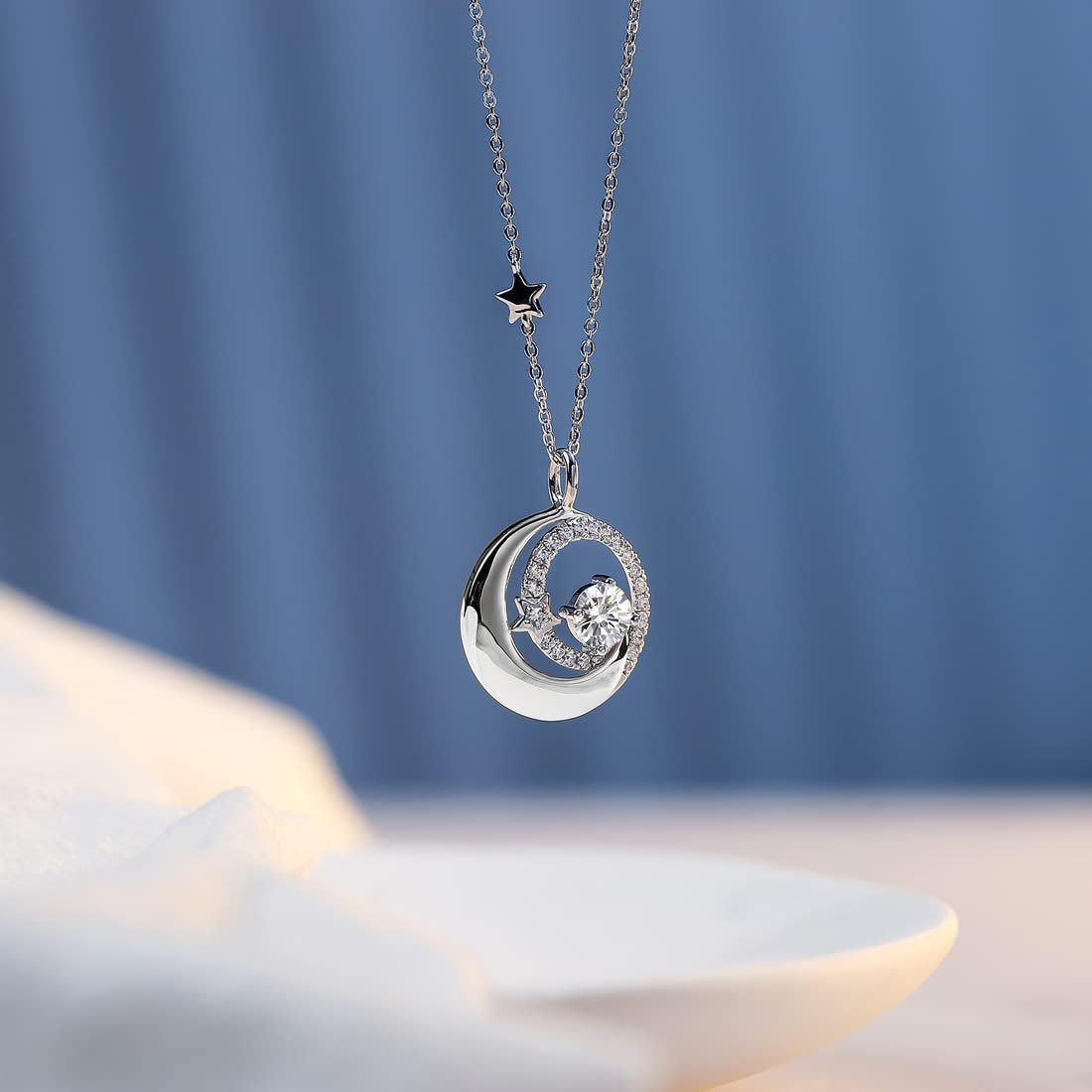 FANCIME April Birthstone Necklace for Women 925 Sterling Silver Moon Star Pendant Simulated Diamond Cubic Zirconia CZ Jewelry Anniversary Birthday Mothers Day Gifts for Mom Women Daughter, 16"+2"