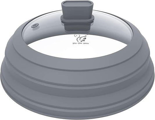 Microwave Splatter Cover Glass Splatter Guard Lid with Collapsible Silicone for Food Pot Plate Cover 11.8 inch Light Grey