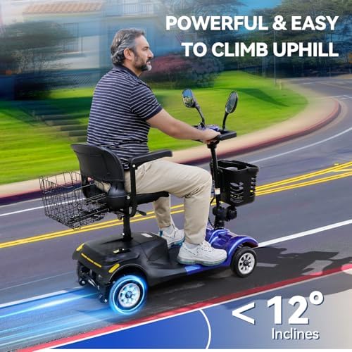 4-Wheel Mobility Scooter for Adults & Seniors - Heavy-Duty Compact Travel Scooter with Long-Lasting Battery, LED Lights, Basket & Portable Design (Blue)