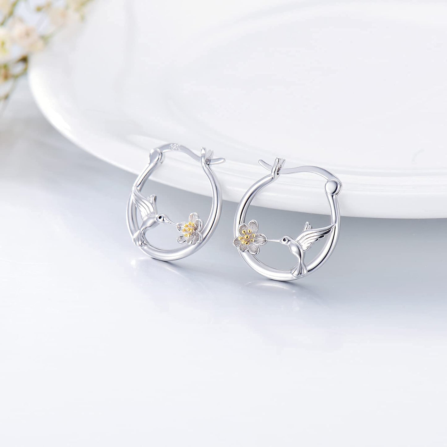Hummingbird Earrings Sterling Silver Bird Daisy Small Hoop Earrings for Sensitive Ears Cute Hummingbird Jewelry Graduation Gifts for Women Daughter Her