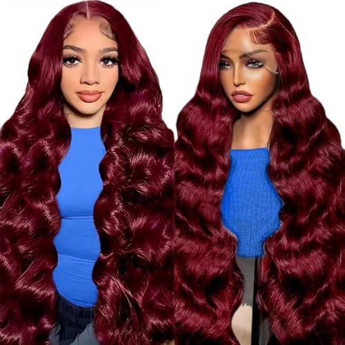 28 Inch 99j Burgundy Lace Front Wigs Human Hair Red Wig Burgundy Human Hair Wig Glueless Lace Front Wigs for Women 13x4 Body Wave Lace Front Wigs Pre Plucked 180% Density