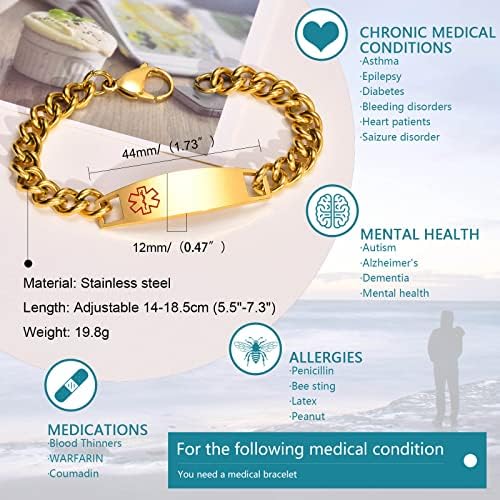 VNOX Medical Alert ID Bracelet - Mens Womens Stainless Steel ID Tag Medical Alert Emergency Bracelet,7.2/8/8.4 Inches