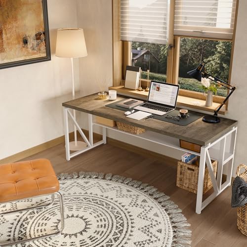 LITTLE TREE 63-Inch Executive Office Desk, Large Computer Desk with Storage Shelf, Executive Desk with Metal Frame, Thickened Desktop, Study Writing Desk Work Station for Home Office, Grey + White