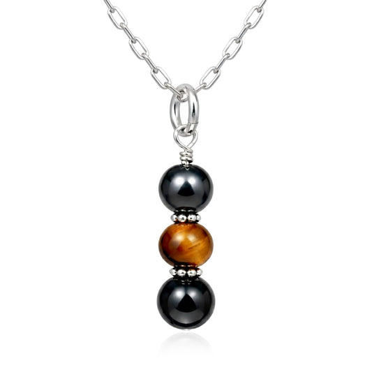 925 Sterling Silver Triple Protection Necklace, Handmade Healing Jewelry for Luck Prosperity Happiness, Natural Hematite Tiger Eye and Black Obsidian Pendant, Spiritual Gift for Men or Women