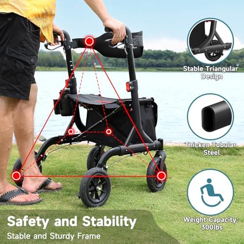 Walkers for Seniors, Rollator Walker with Seat, 8" Rubber Wheels All Terrain Rollator Walker with Backrest, Aluminum Walkers Built-in Cable, Foldable and Adjustable Height for Seniors, Black