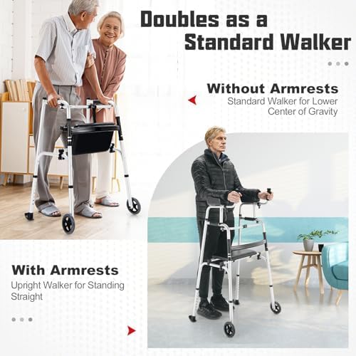 Folding Walkers for Seniors, Upright Walker with Seat, Removable Arm Support & 5" Wheels, Height Adjustable Platform Walker Mobility Aid for Elderly