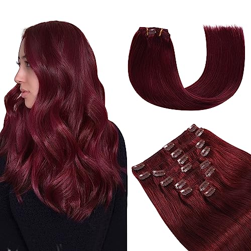 YILITE Hair Extensions Clip in Human Hair 8Pcs 120Gram/Pack Burgundy Silky Remy Human Hair Double Weft Straight Real Hair Extensions Clip ins Thick (18inches #99J Burgundy£©