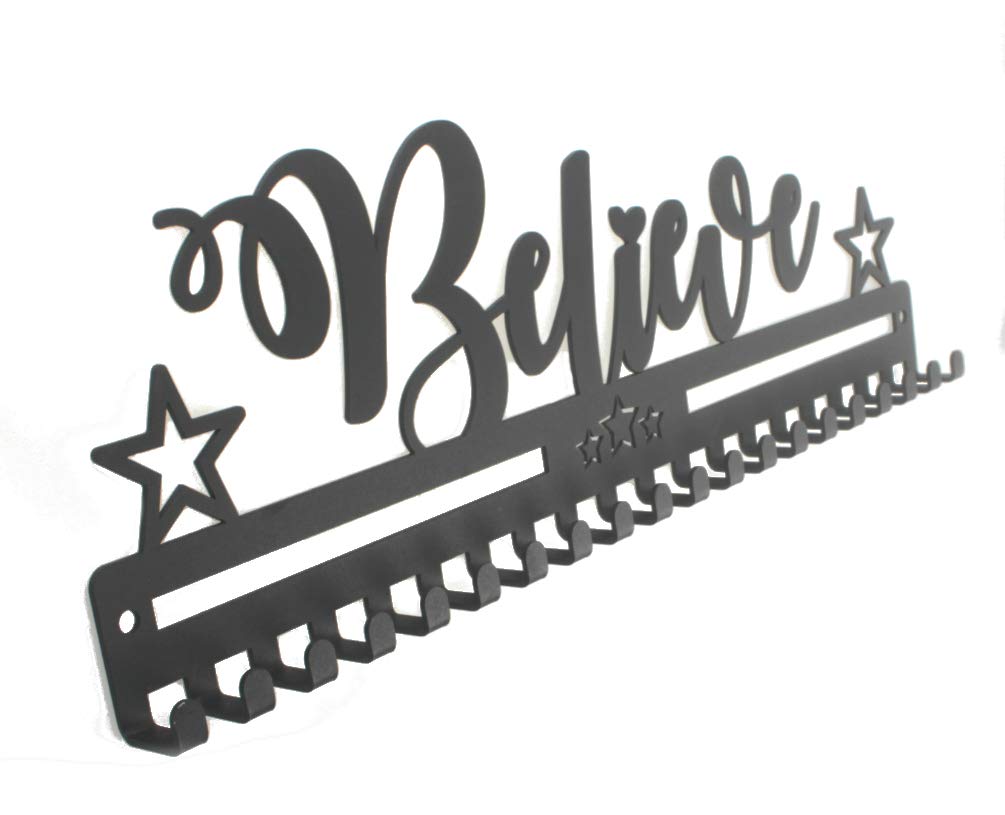 URBN BY MODERN HOME FINISHINGS 16" Metal Wall Mount 'Believe' Kids & Adults Sports Medal Hanger, Ribbon Display Holder Rack Medal Wall Hanger with Hooks, Simple Install, Great Gift (Black)