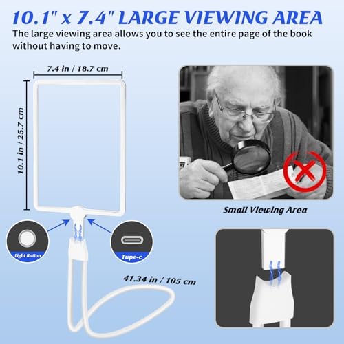 Rechargeable Hands Free Magnifying Glass with 50 LEDs Light, Large Reading Magnifying Glasses with Flexible Gooseneck, Lighted Magnifier Perfect for Reading, Hobbies, Low Vision Seniors