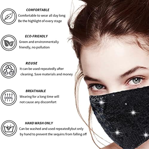 6 Pcs Washable Glitter Bling Women Face Mask. Breathable Reusable Adjustable Fashion Masquerade Facemasks With Pocket.