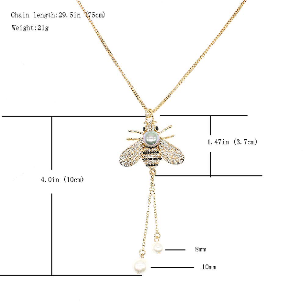 Honey Bee Necklace Crystal Insect Themed Bee Necklace Animal Fashion Shell Pearl Long Necklaces 14k Gold Plated for Women Jewelry(Gray pearl necklace)