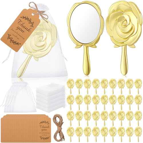 Suzile 36 Set Vintage Handheld Mirror Mini Rose Compact Mirror Quinceanera Party Favors Gift for Guests Princess Party Supplies with Thank You Tags for Wedding Bachelorette Souvenir Gift(Gold)