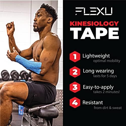 FlexU Kinesiology Tape - 60 2" x 10" Pre-Cut Strips for Lower Back, Knees, & Shoulders; Pain Relief & Support for Muscles & Joints, Shoulders, Knees & Back, Rheumatism, Gout, Osteoporosis (Blue)