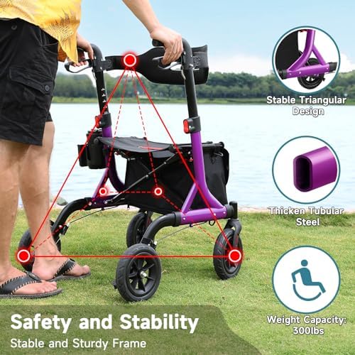 Walkers for Seniors, Rollator Walker with Seat, 8" Rubber Wheels All Terrain Rollator Walker with Backrest, Aluminum Walkers Built-in Cable, Foldable and Adjustable Height for Seniors, Purple