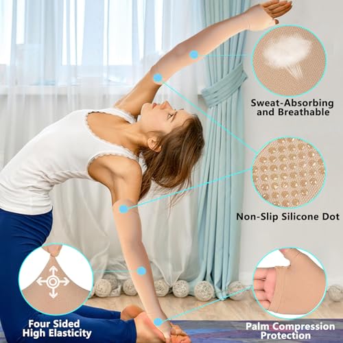 Medical Compression Arm Sleeve with Silicone Dot&Gauntlet for Women Men,20-30 mmHg Graduated Compression Full Arm Support for Edema,Post Surgery Recovery,Swelling,Pain Relief(Large,Pair)
