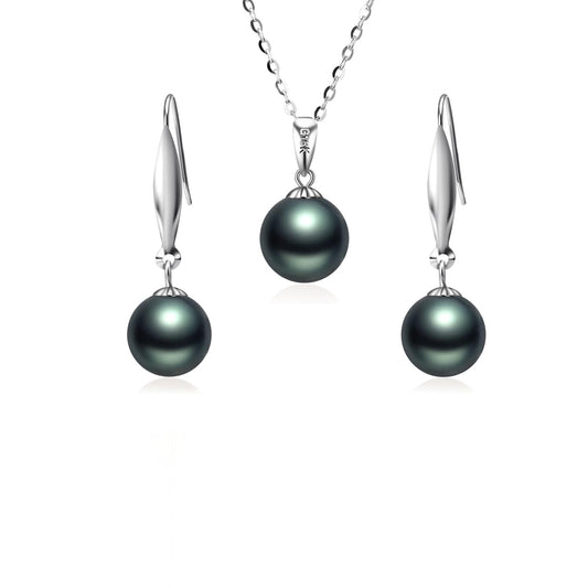 18k White Gold Dyed Black Pearl Earrings and 14k Necklace Set, Jewelry for Her