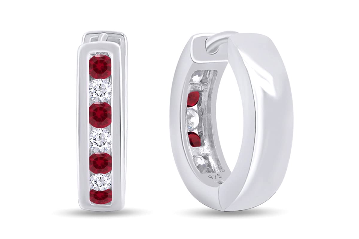 Huggie Earrings for Women, 14K White Gold Over Sterling Silver Hoop Earrings with Simulated Ruby and White Cubic Zirconia, Dainty Elegant Jewelry Gift