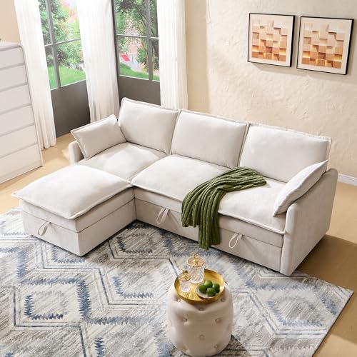 85.83" Sectional Couches for Living Room, Cloud Couch Sectional with Large Storage Ottoman, L-Shape Modular Sectional Sofa with 5 Seater Chenille Sofa and Pillow for Apartment, Bedroom, Beige