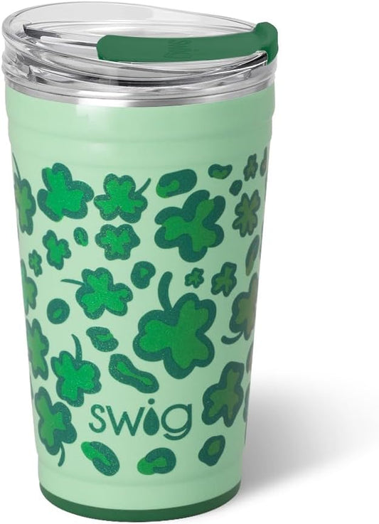 Swig Life 24oz Party Cup, Stackable Insulated Travel Coffee Tumbler with EZ Slider Lid, Cup Holder Friendly Travel, Stainless Steel 24 oz Tumbler, Reusable Mug (Lucky Leopard)