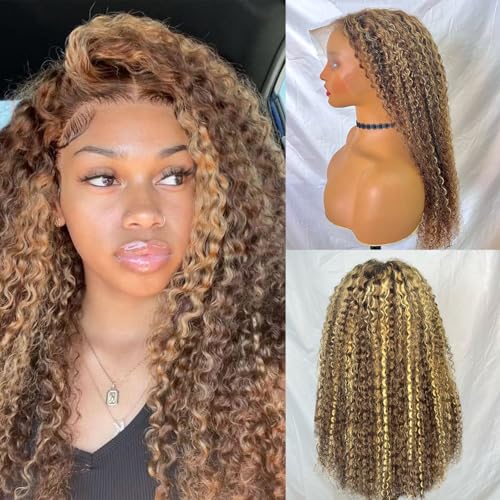 200 Density 13x6 Deep Wave HD Transparent Honey Blonde Ombre Lace Front Wigs 100% Human Hair Pre Plucked 4/27 Highlight Jerry Curly Wet And Wavy Human Hair Wigs For Black Women With Baby Hair 26 inch