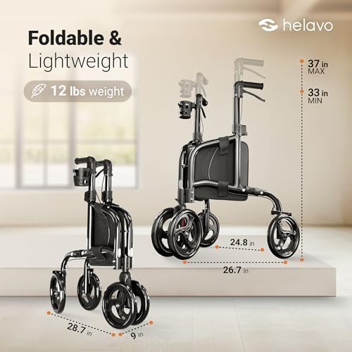 Helavo 3 Wheel Rollator Walker for Seniors, 3 x More Stable, 8" Wheels - Ultra Lightweight Foldable Narrow Walker for Small Spaces, Aluminum Three Wheel Mobility Aid for Indoors and Outdoors