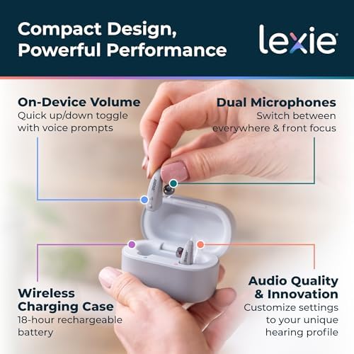 Lexie B2 Plus Powered by Bose - Self-Fitting Rechargeable OTC Hearing Aids for Mild to Moderate Hearing Loss in Adults and Seniors - Clear Sound - Wireless Charging Case - Bluetooth-Enabled - Gray