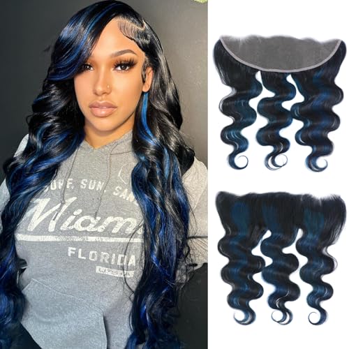 ALHER #1B/BlueBody Wave 13x4 Lace Frontal Human Hair, Black Mix Blue HD Transparent Lace Frontal Closure Ear to Ear 100% Virgin Remy Human Hair for Black Women 150% Density 18 Inch