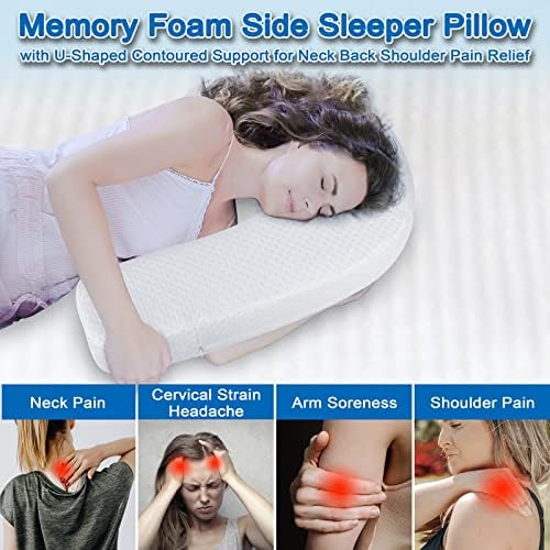 Side Sleeper Pillow J-Shaped Side Sleeper Pillows for Adults Memory Foam Pillow for Neck Shoulder Pain Relief with Ear Hold Removable Washable Cover 1 Pack White