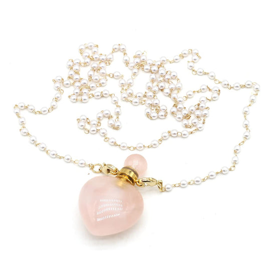 1pcs Natural Rose Quartz Stone Perfume Bottle Pendant Pearl Bead Chain Rectangle Heart Necklace for Women StonHealinge Essential Oil Diffuser Necklace Jewelry Essential Oil Diffuser