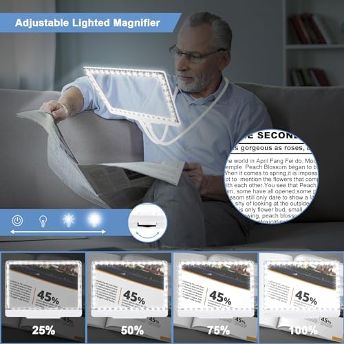 5X Hands Free Magnifying Glass with Light and Stand 43 Ultra-Bright LEDs, Page Magnifier for Reading, Neck Wear Large Magnifying Glass for Reading Small Prints Low Vision Elderly(White)