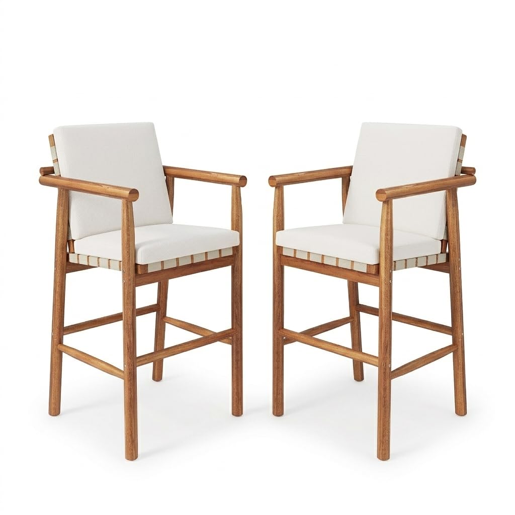 Trygoal Outdoor Bar Stool Set of 2, Patio Bar Chairs with High Back & Arms, Acacia Wood with Breathable Woven Seat, Adjustable Anti-Wobble Feet, for Garden/Deck/Pool, Beige Cushions Included