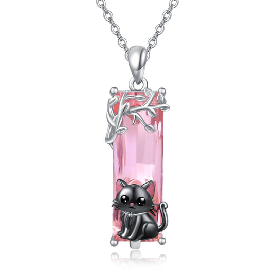 AENEAS Black Cat Necklace 925 Sterling Silver Cute Black Cat Pendant Necklace Pink Crystal Jewelry Gifts for Women Wife Daughter