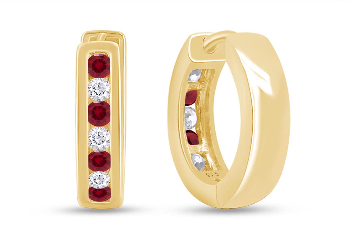 Huggie Earrings for Women, 14K Yellow Gold Over Sterling Silver Hoop Earrings with Simulated Ruby and White Cubic Zirconia, Dainty Elegant Jewelry Gift