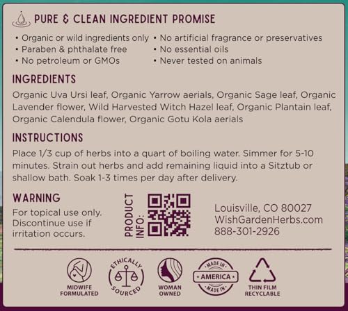 WishGarden Herbs Afterbirth Sitzbath Postpartum Herbal Soak - Herbal Postpartum Sitz Bath with Witch Hazel, Calendula, Gotu Kola & Plantain, Soothes Discomforts & Strengthens Delicate Tissues, 3.17oz