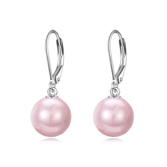 925 Sterling Silver Pink Pearl Leverback Earrings Dangle Drop Jewelry Gifts for Women (Pink Pearl)