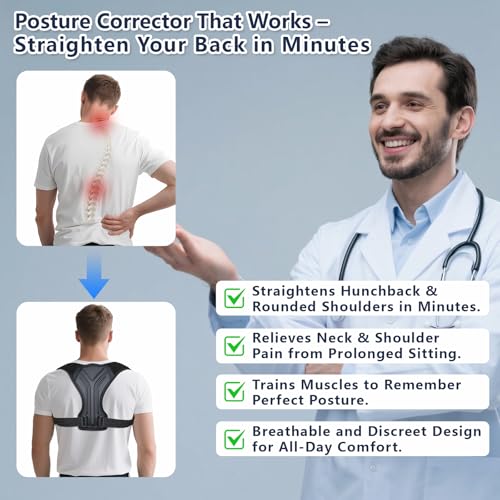 Posture Corrector for Women & Men, Adjustable Upper Back Brace with Anti-Chafing Pads for Neck/Shoulder/Back Pain Relief, Breathable Invisible Posture Brace for Office, Driving, Fitness. (Black, Medium)