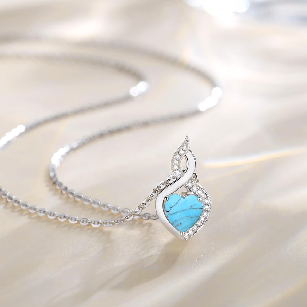 FANCIME Turquoise Necklace 14K Solid White Gold Heart Pendant with Diamond December Birthstone Necklace Jewelry Gifts for Mom Women