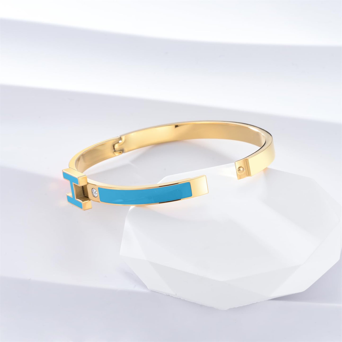 Hothink Gold Bracelets for Women, H Bangle Bracelet, Dainty 18K Gold Plated Stainless Steel Enamel Bracelet for Everyday, Work, Party, Stackable Gift for Mom, Wife, Girlfriend