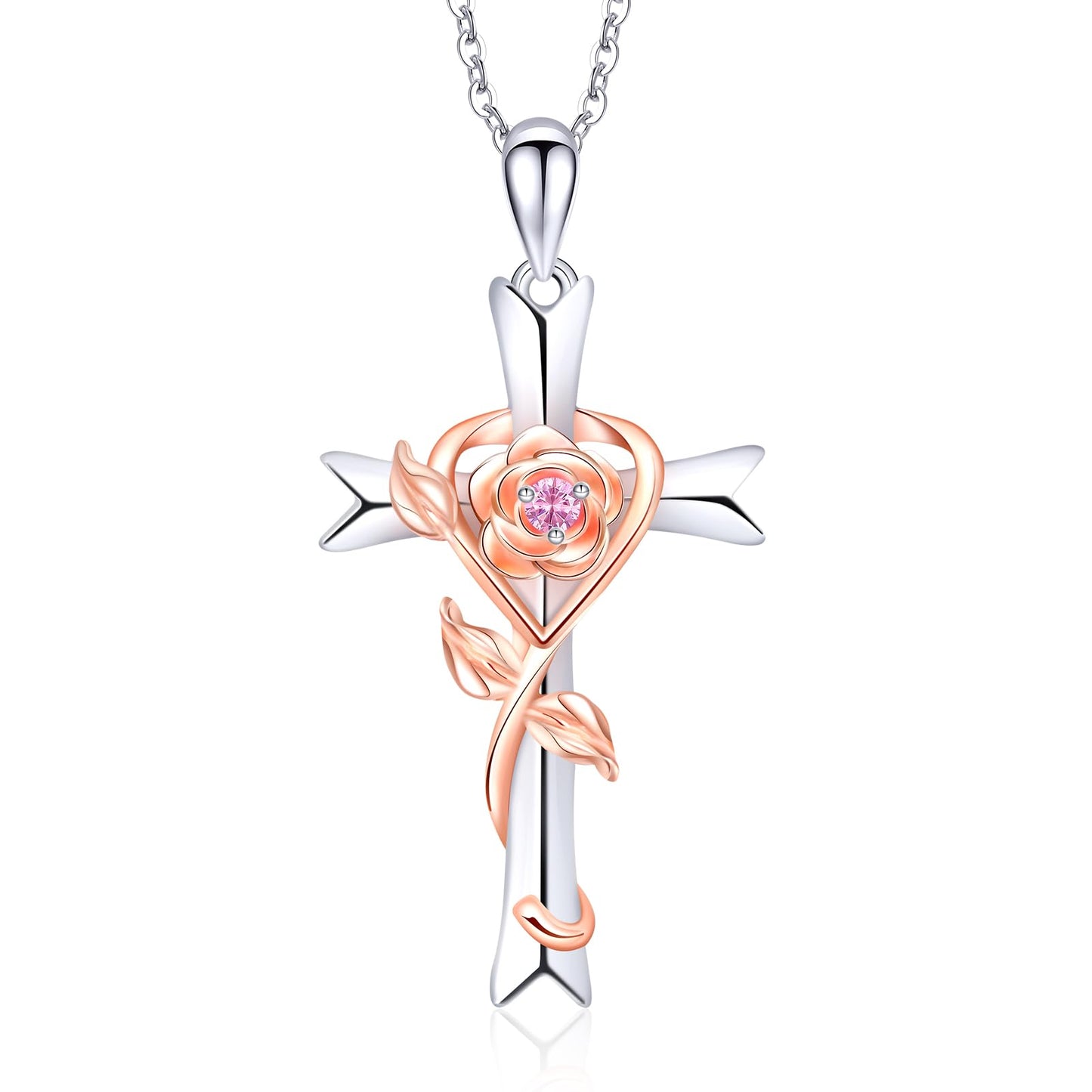 RIVIKO 925 Sterling Silver Cross October Birthstone Necklace for Women Cross Rose Pendant Necklaces Trendy Christmas Valentine's Day Jewelry New Year Anniversary Birthday Gift for Women Her Wife