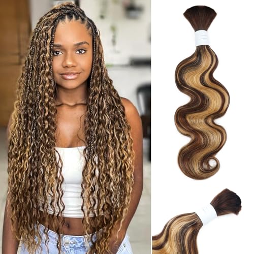 Body Wave Curly 4/27 Human Braiding Hair 100g One Bundle/Pack Bulk Human Hair for Braiding No Weft Human Hair for Boho Braids (24 inch, Body Wave 4/27)