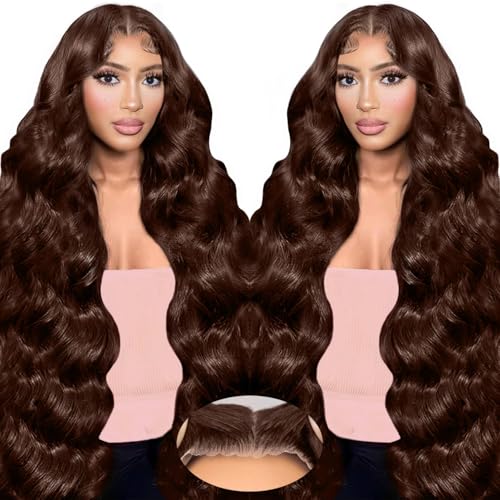 LuAiJa Brown Body Wave Glueless Wig Human Hair 9x6 Wear and Go Glueless Human Hair Wig Chocolate Brown Pre Plucked Pre Cut Wig Human Hair 30 Inch Dark Brown Body Wave Wig For Black Women 221% Density