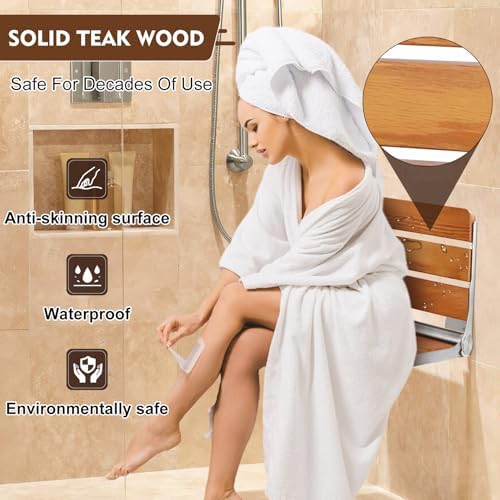 16" Teak Folding Shower Seat Wall Mounted, Foldable Shower Bench, 400lbs Max Load, Space-Saving Fold Down Design for Seniors, Elderly & Small Shower Spaces